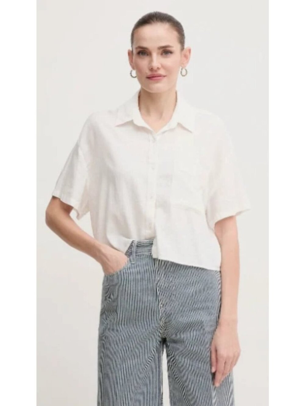DKNY Pure White Boxy Cropped Camp Collar Summer Shirt XL